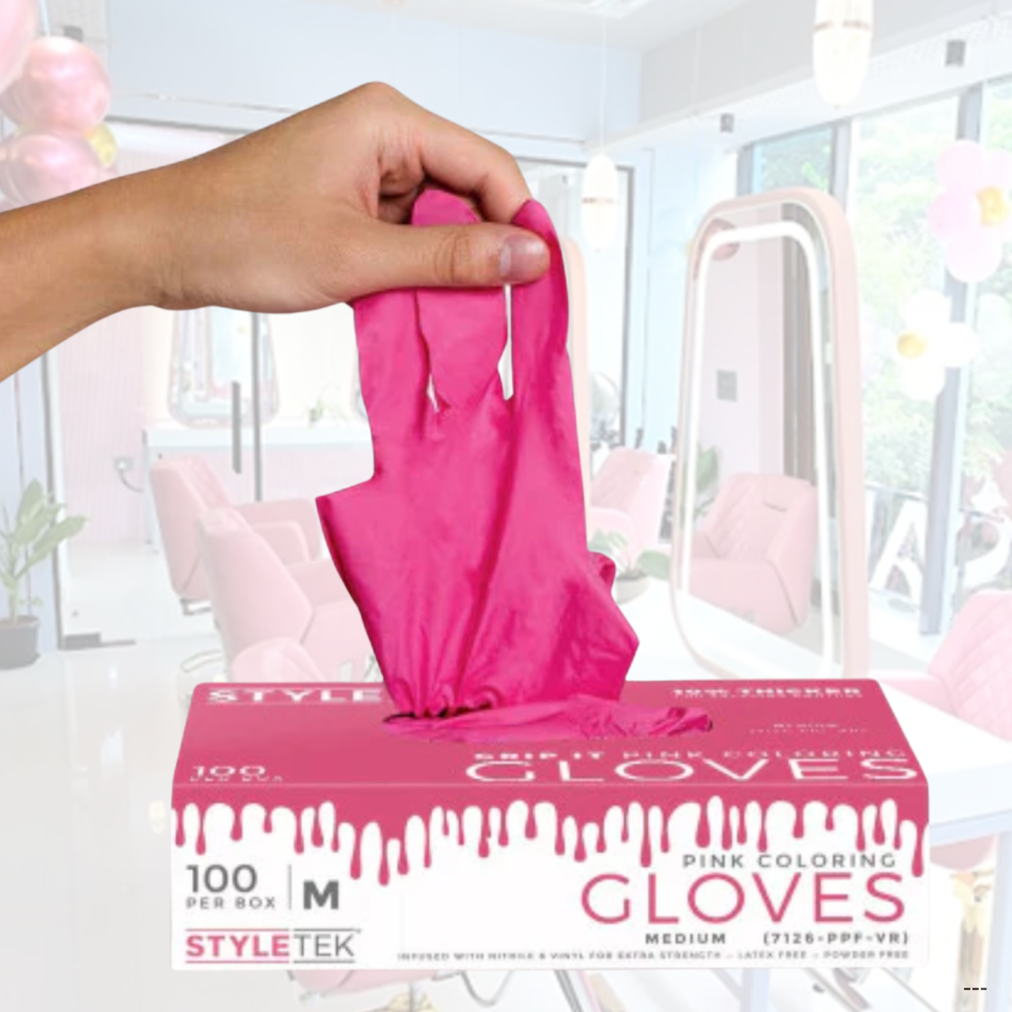 Styletek Pink Hair Coloring Stylists Gloves Powder Free Vinyl, Medium