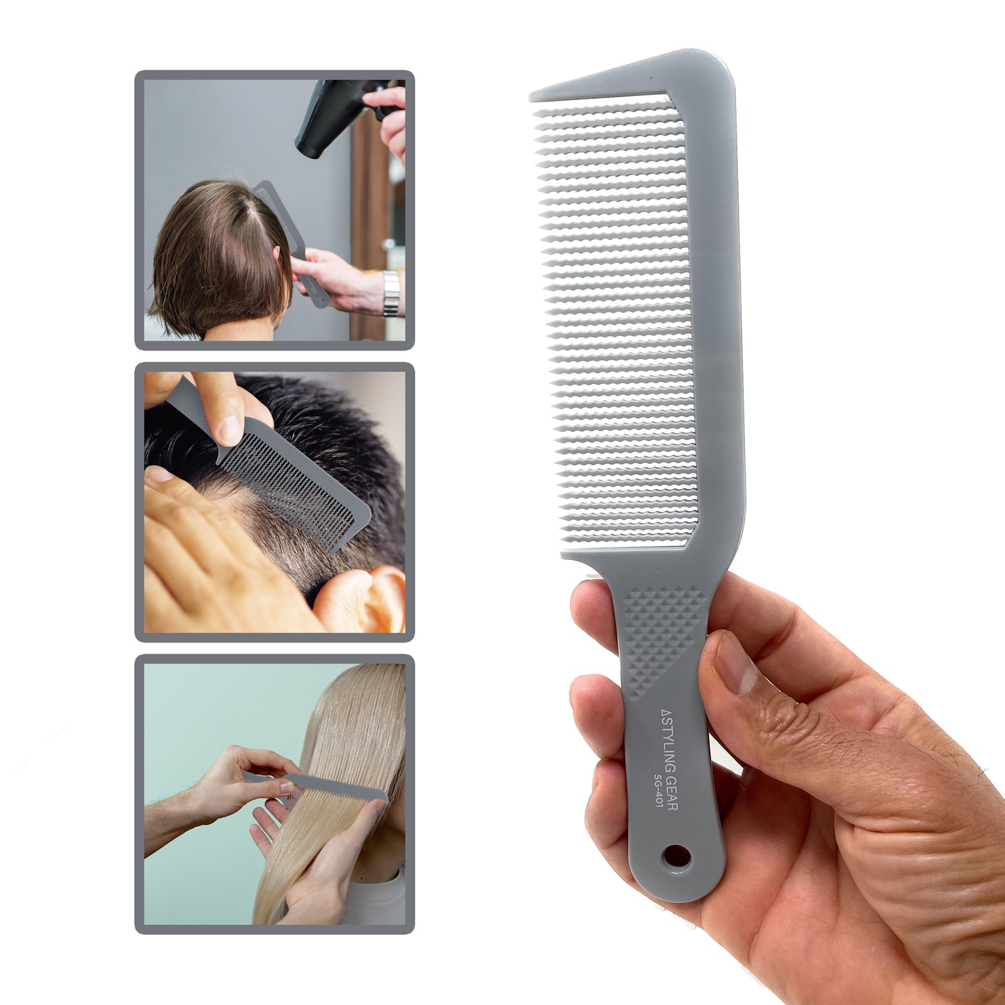 Styling Gear 401 XL Clipper Comb Flat Top Barber Comb For Flattop Hair Cutting Long Handle Wavy Teeth Gray 2 Pcs.