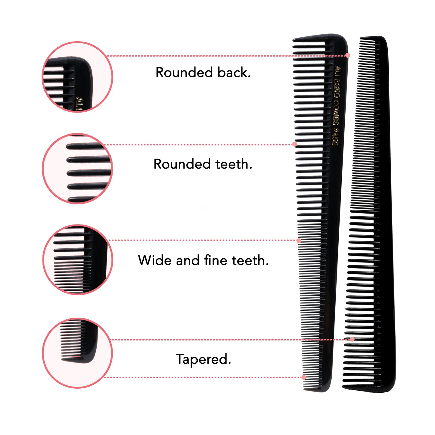 Allegro Combs 450 - Tapered Barber Hair Cutting Combs, Black, 12 Pack