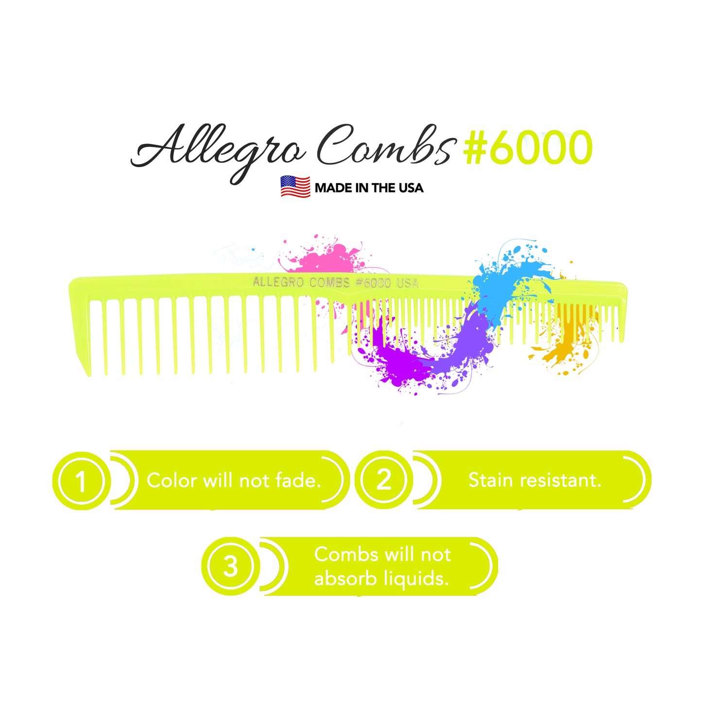 Allegro Combs 6000 Wide Tooth Teasing Lift Vented Hair Combs Space Tooth Barber Stylist Curly Hair Parting Neon 12 Pc.