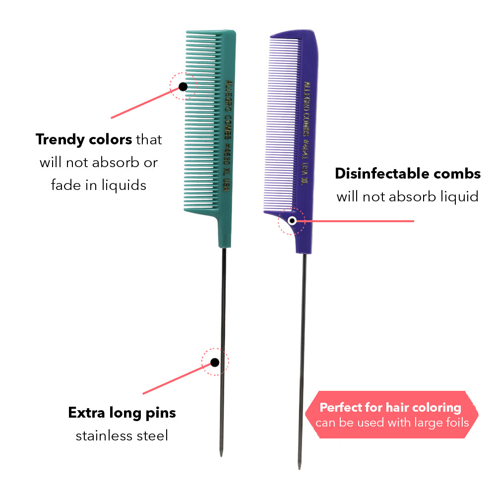 Allegro Combs XL Pintail Rat Tail Combs Parting Combs Metal Tail Foiling Combs 2 Pc.
