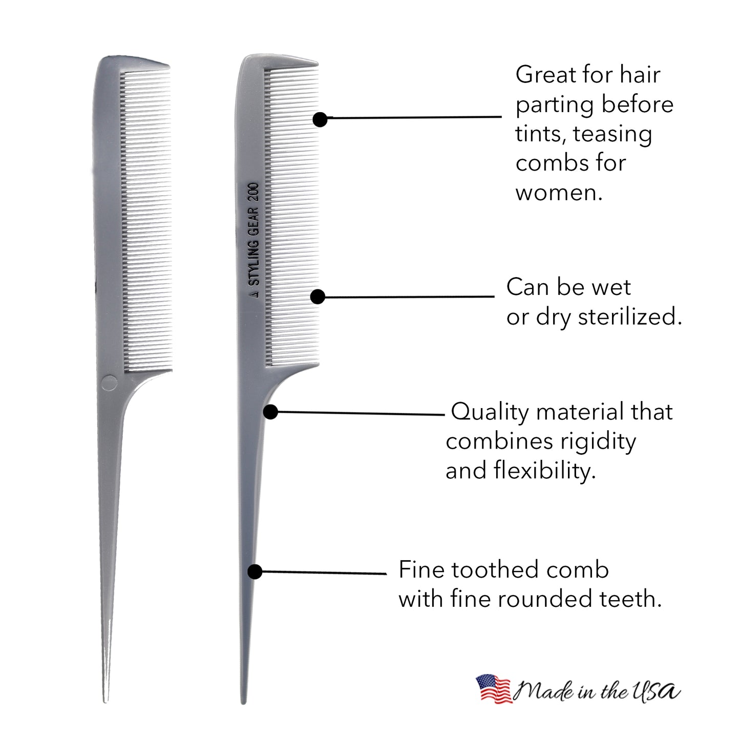 Styling Gear 200 Rat Tail Combs For Hair Stylist 8.5 In. X-Large Fine Teeth Rattail Square Back