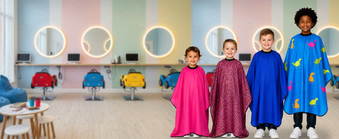 Children wearing Allegro Combs Kids Hair Cutting Capes in pink, leopard, blue, and dino print at a colorful kids salon