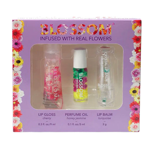 Blossom Moisturizing Lip Gloss, Roll-on Perfume Oil, Color-changing Lip Balm Turquoise 3 Pcs.