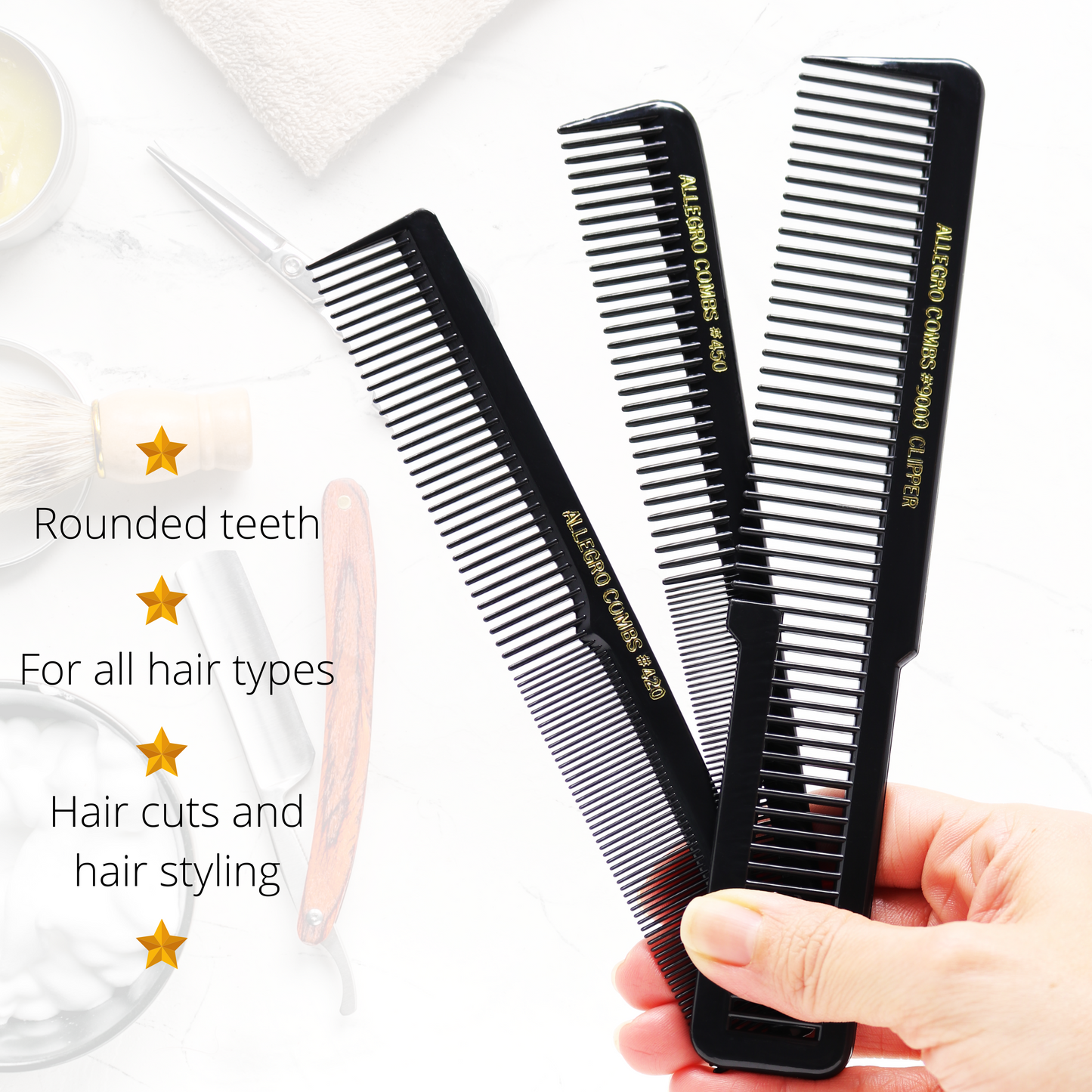 Allegro Combs Barber Comb Set Hair Cutting Combs. Tapered Comb, Stylist Comb, Flat Top Combs Clipper Comb. Back 3 Pc