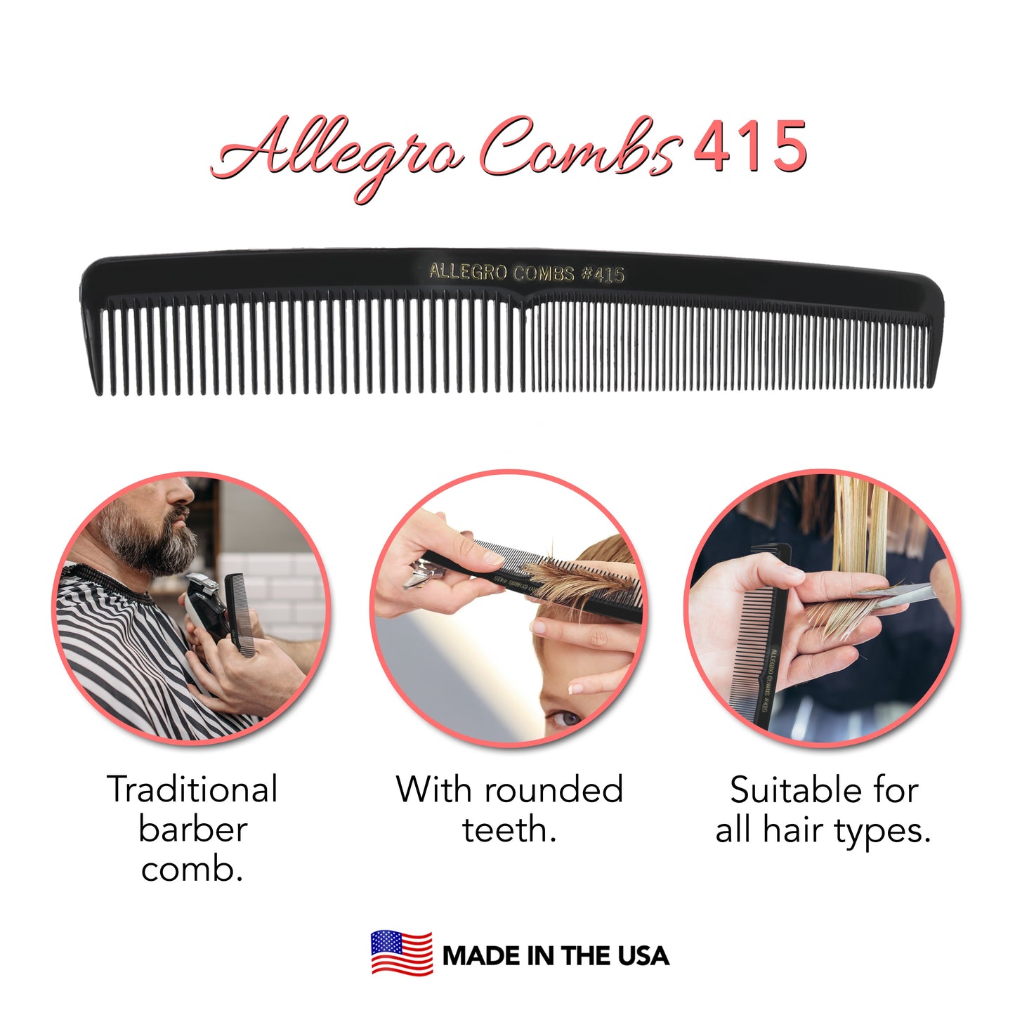 Allegro Combs 415 All Purpose Hair Combs Hair Styling combs Black Combs 12 Pcs.
