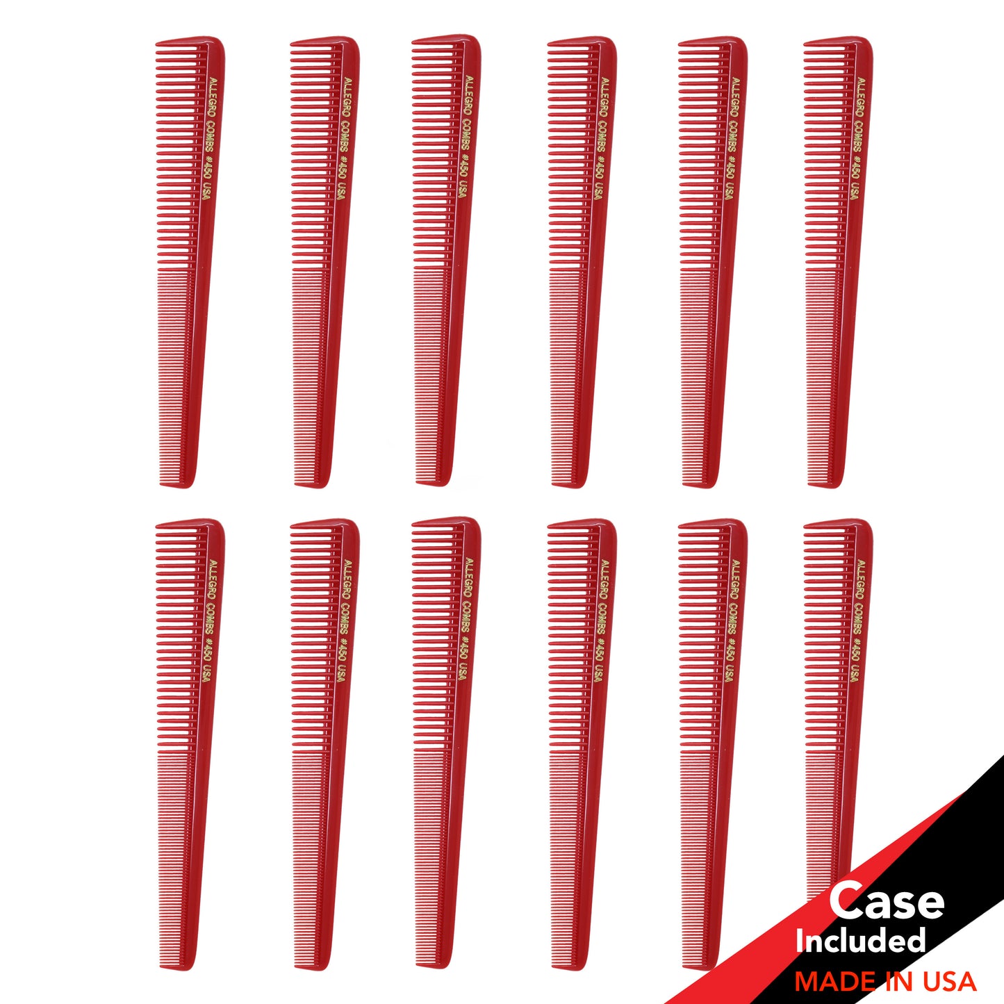 Allegro Combs 450 - Tapered Barber Hair Cutting Combs, Black, 12 Pack