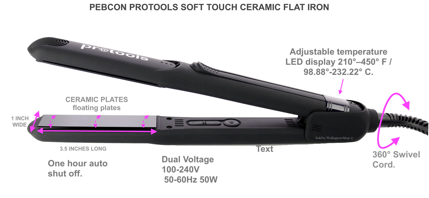 Pebco Protools Soft Touch Ceramic 1 inch Plate Flat Iron. Ceramic Hair Straightener. Dual Voltage