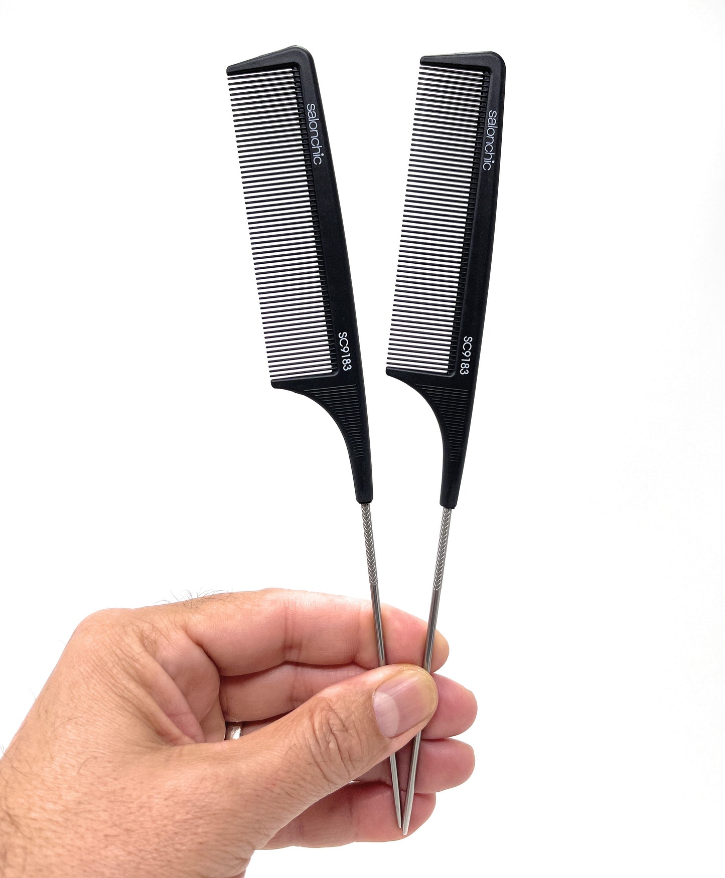 Salonchic Xl Carbon Heat Resistant Pin Tail Combs Fine Teeth Rat Tail Parting Tail Comb 2 Pk.