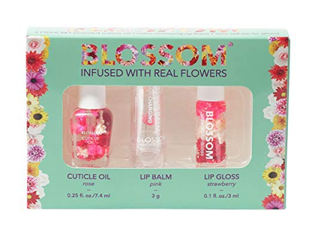 Blossom Scented Cuticle Oil, Color-Changing Lip Balm, Mini Roll-On Lip Gloss 3 Pc. Set