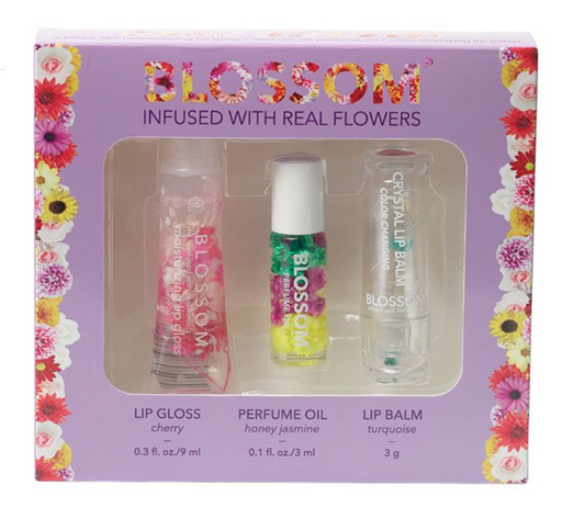 Blossom Moisturizing Lip Gloss, Roll-on Perfume Oil, Color-changing Lip Balm Turquoise 3 Pcs.