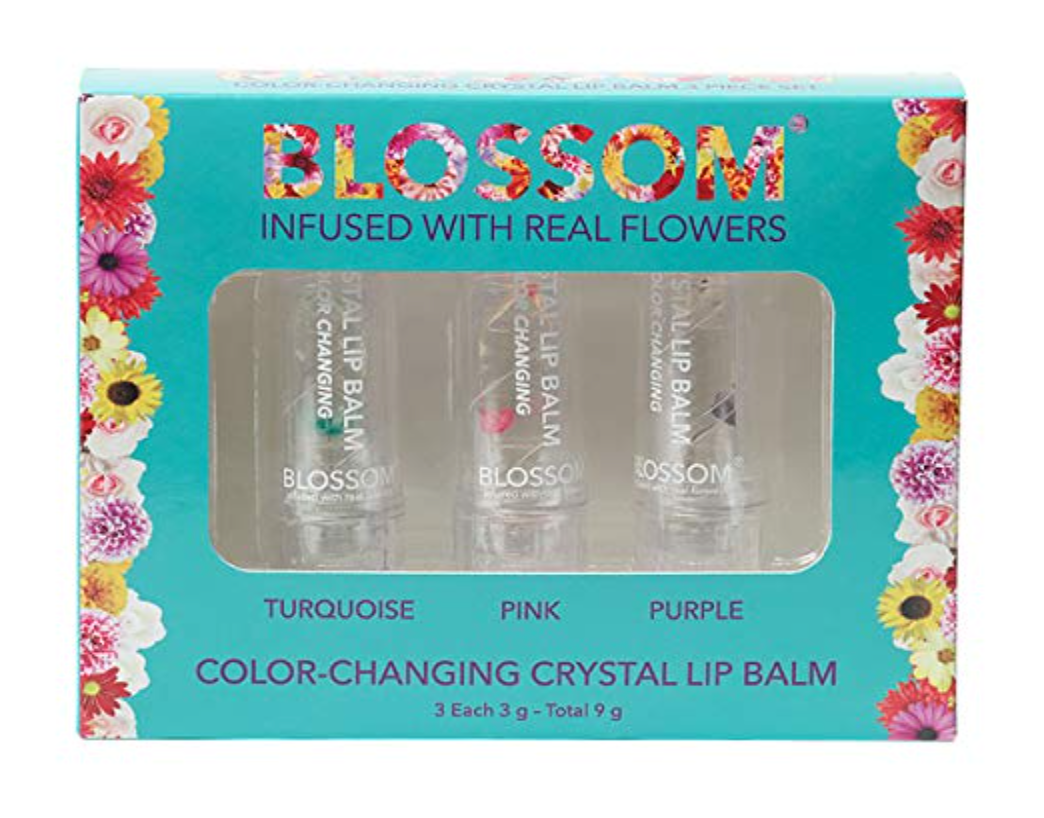 Blossom Color-Changing Crystal Hydrating Lip Balms Turquoise Pink Purple 3 Pcs.
