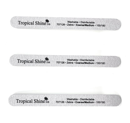 Tropical Shine Nail File Zebra 100/ 180 Coarse/ Medium Grit Dual Sided Emery Boards Cushion Salon Board Silver Washable Disinfectable 3 Pcs.