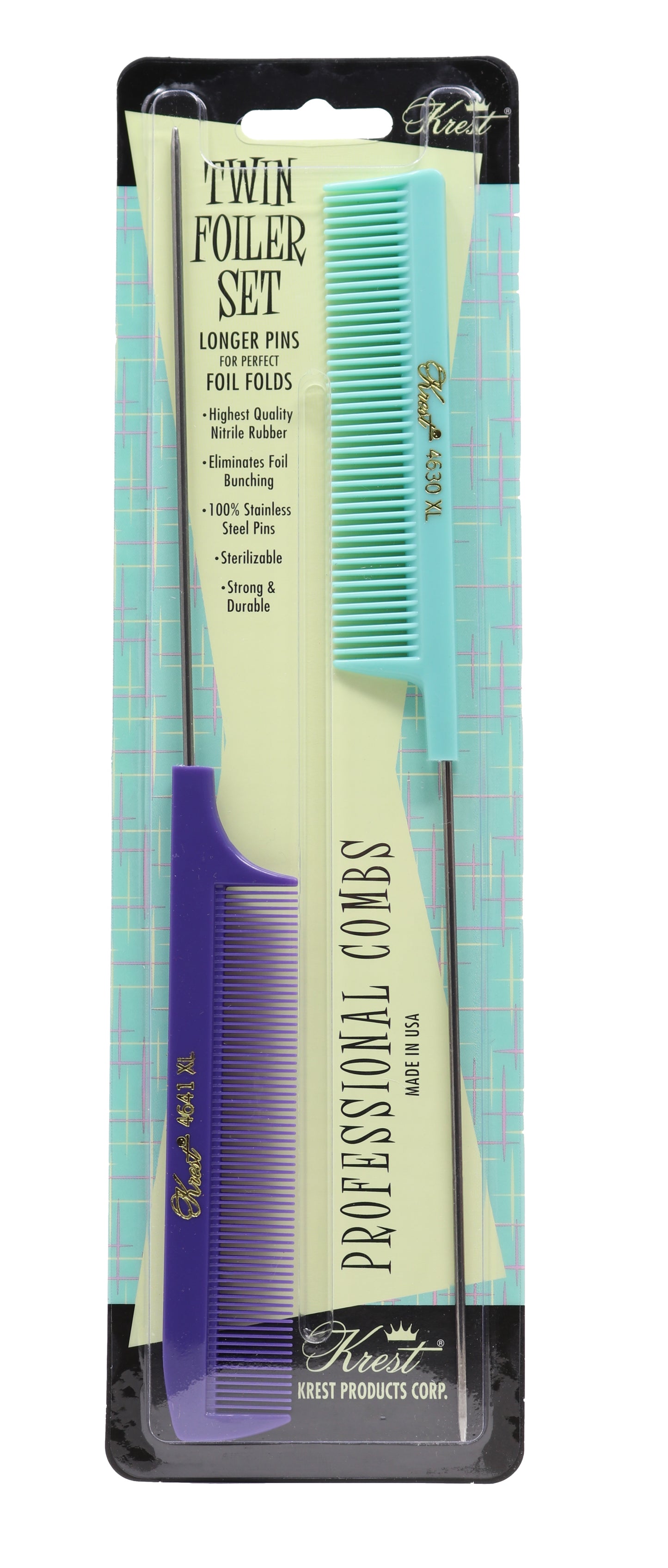 Krest XL Pintail Combs Foiling Combs Fine Tooth Rattail Hair Cutting Comb 2 Pc.